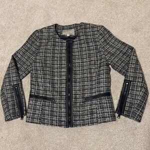 Banana Republic Boucle Jacket Blazer Faux Leather Trim Zip Cream Gray Black Sz 4